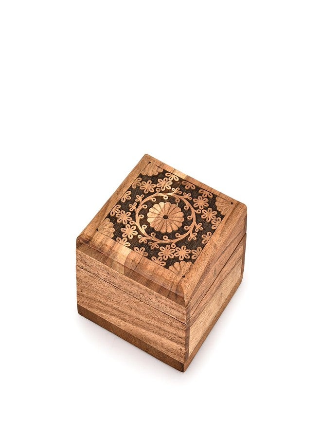 BHAVATU Jewelry Boxes Acacia Wood Wooden Box -Decorative Vintage Storage Box - Antique for Keepsakes, Father's Day, Mother's Day, Anniversaries (4" x 4" x 2.5") - Image 1